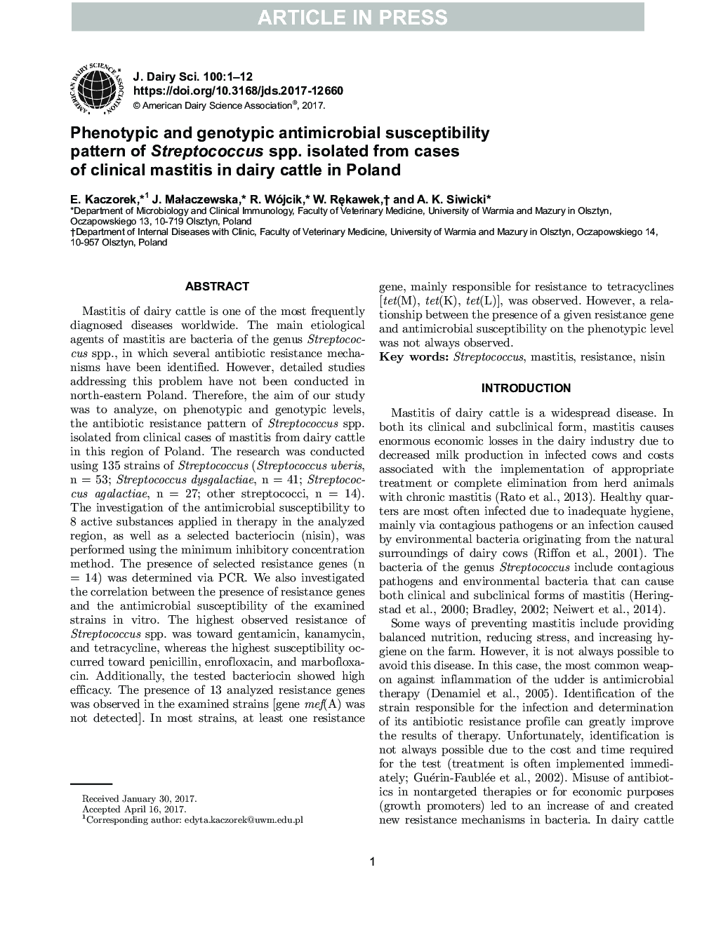 Phenotypic and genotypic antimicrobial susceptibility pattern of Streptococcus spp. isolated from cases of clinical mastitis in dairy cattle in Poland