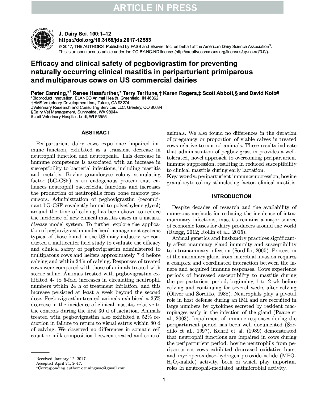 Efficacy and clinical safety of pegbovigrastim for preventing naturally occurring clinical mastitis in periparturient primiparous and multiparous cows on US commercial dairies