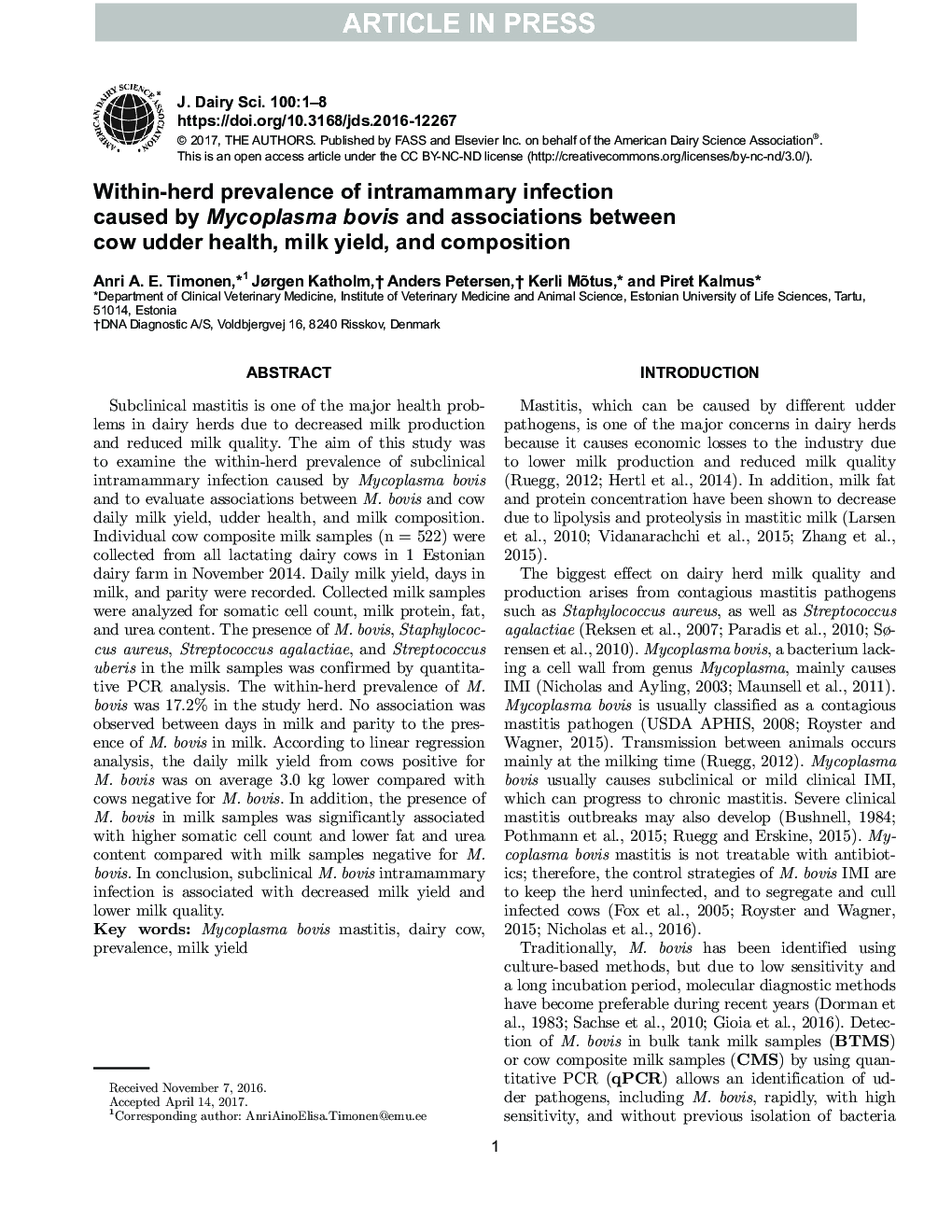 Within-herd prevalence of intramammary infection caused by Mycoplasma bovis and associations between cow udder health, milk yield, and composition