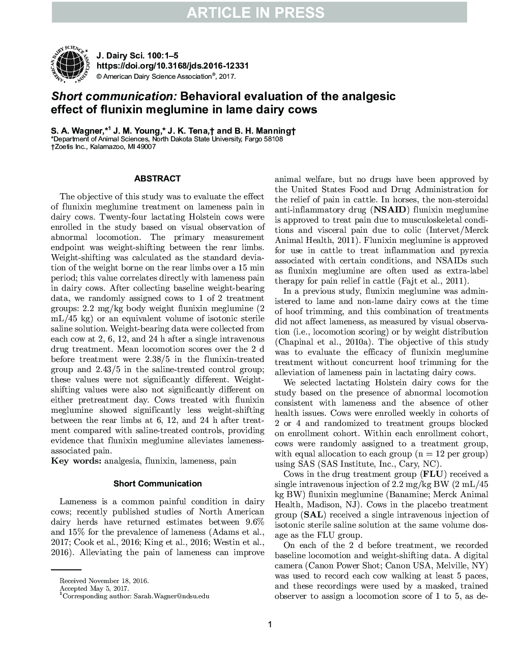 Short communication: Behavioral evaluation of the analgesic effect of flunixin meglumine in lame dairy cows