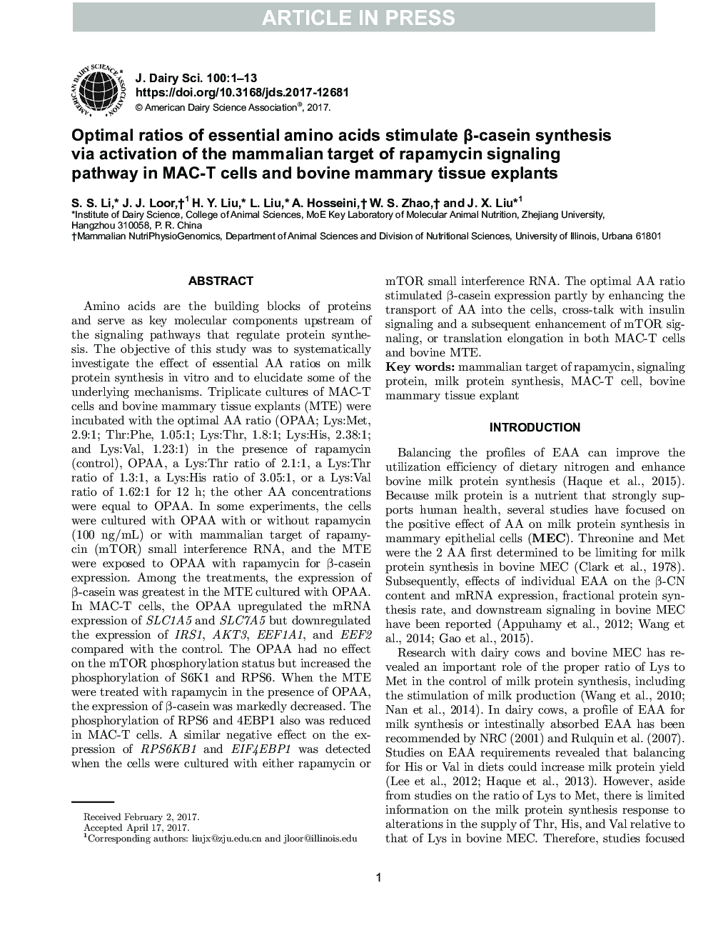 Optimal ratios of essential amino acids stimulate Î²-casein synthesis via activation of the mammalian target of rapamycin signaling pathway in MAC-T cells and bovine mammary tissue explants