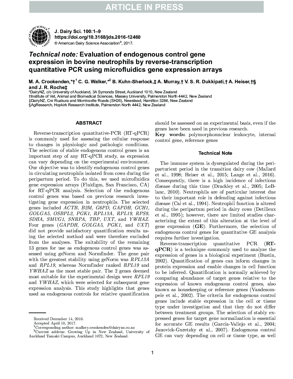 Technical note: Evaluation of endogenous control gene expression in bovine neutrophils by reverse-transcription quantitative PCR using microfluidics gene expression arrays