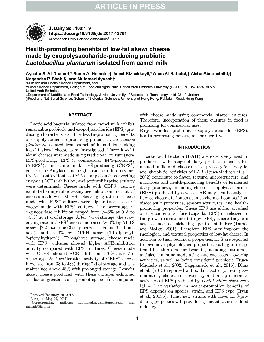 Health-promoting benefits of low-fat akawi cheese made by exopolysaccharide-producing probiotic Lactobacillus plantarum isolated from camel milk