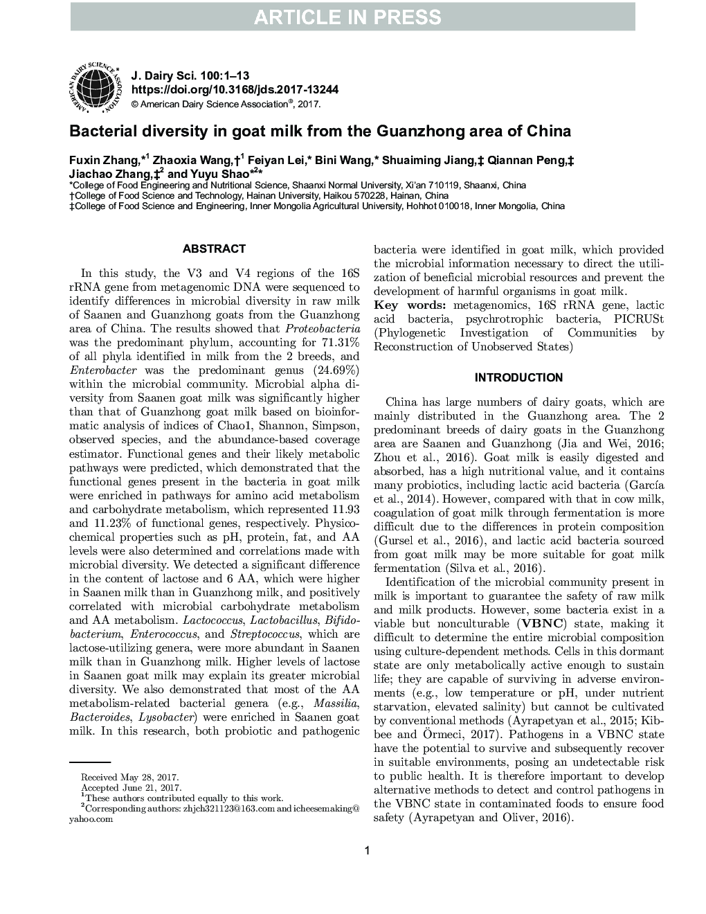 Bacterial diversity in goat milk from the Guanzhong area of China