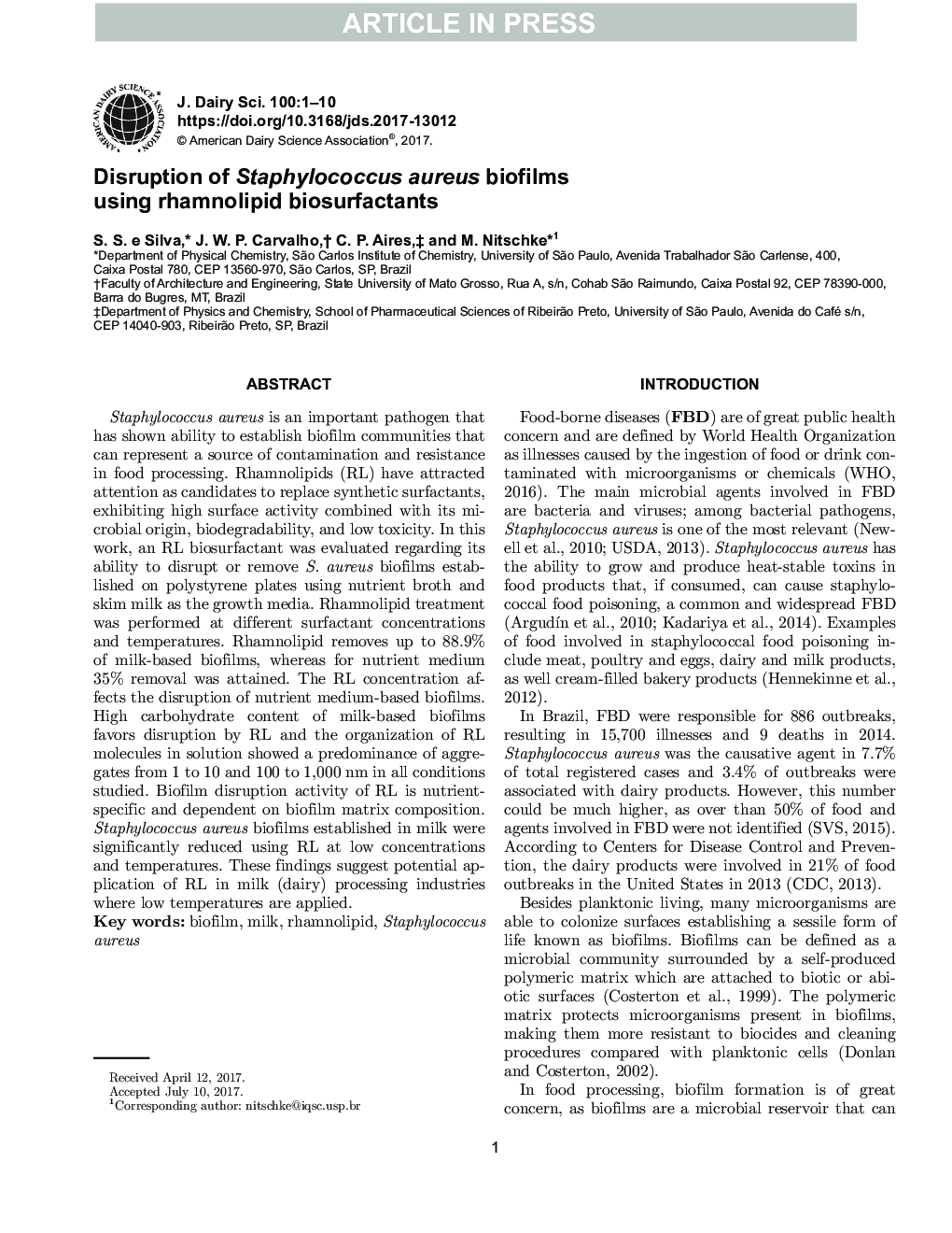 Disruption of Staphylococcus aureus biofilms using rhamnolipid biosurfactants