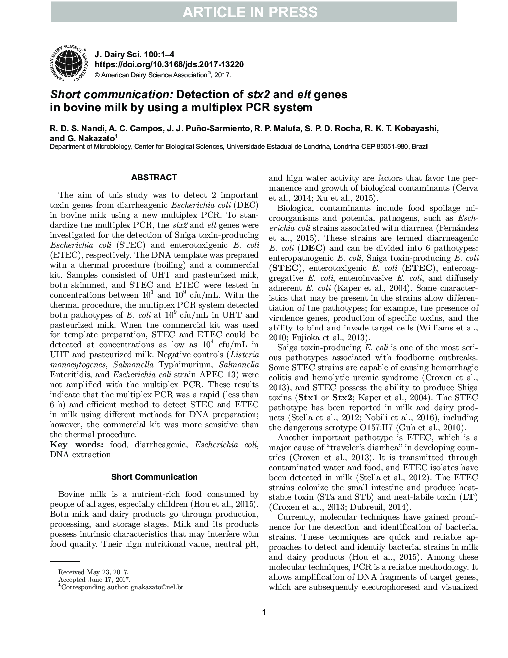 Short communication: Detection of stx2 and elt genes in bovine milk by using a multiplex PCR system