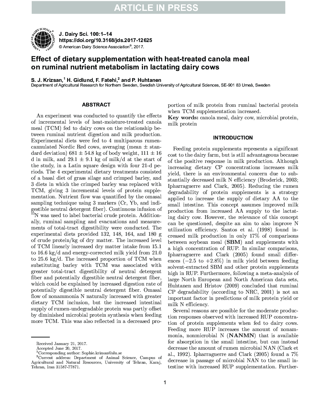 Effect of dietary supplementation with heat-treated canola meal on ruminal nutrient metabolism in lactating dairy cows