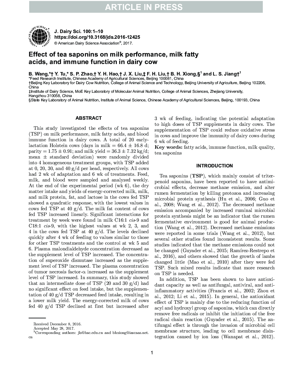 Effect of tea saponins on milk performance, milk fatty acids, and immune function in dairy cow