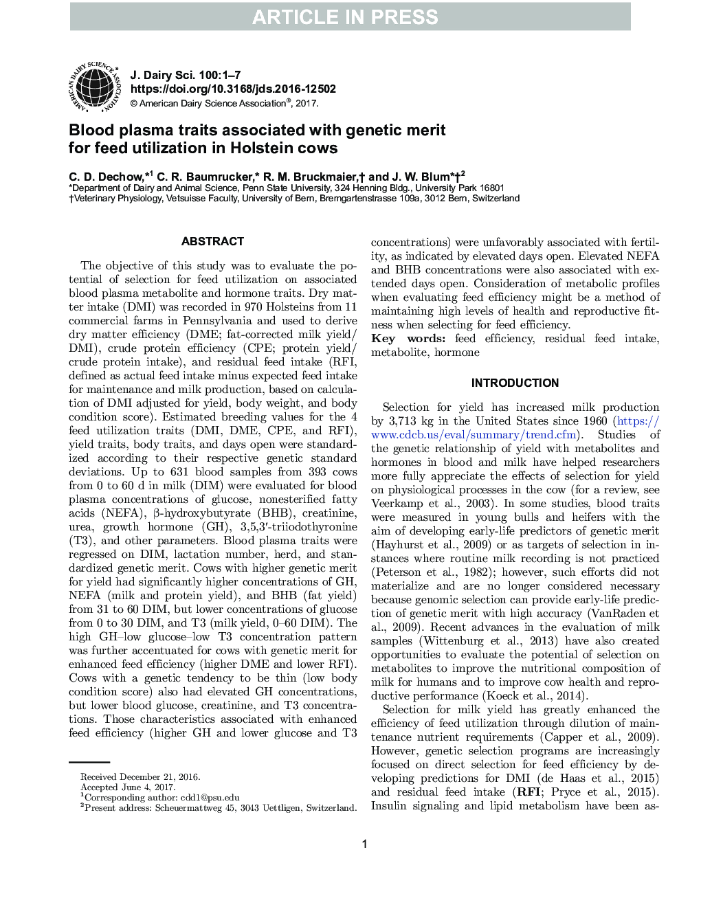 Blood plasma traits associated with genetic merit for feed utilization in Holstein cows