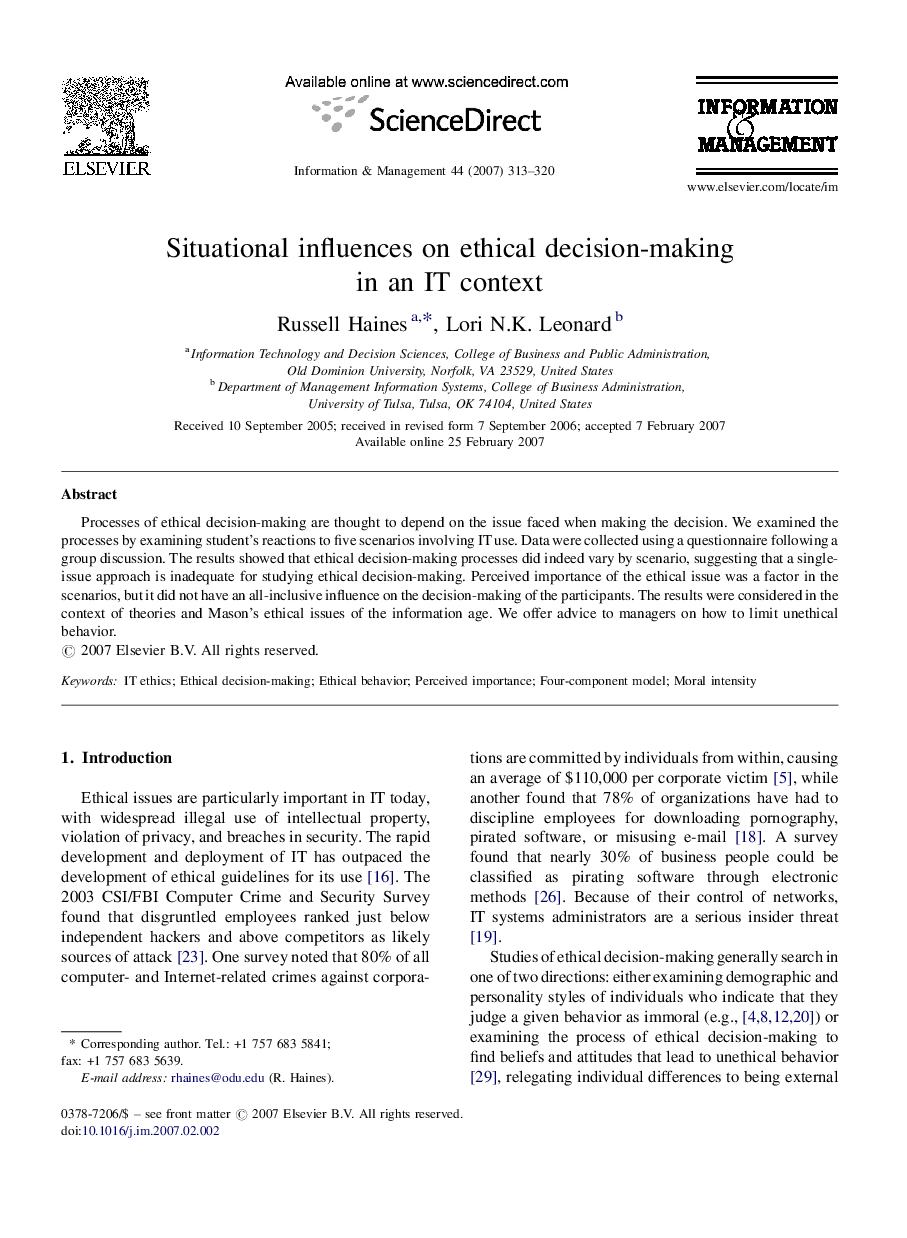 Situational influences on ethical decision-making in an IT context