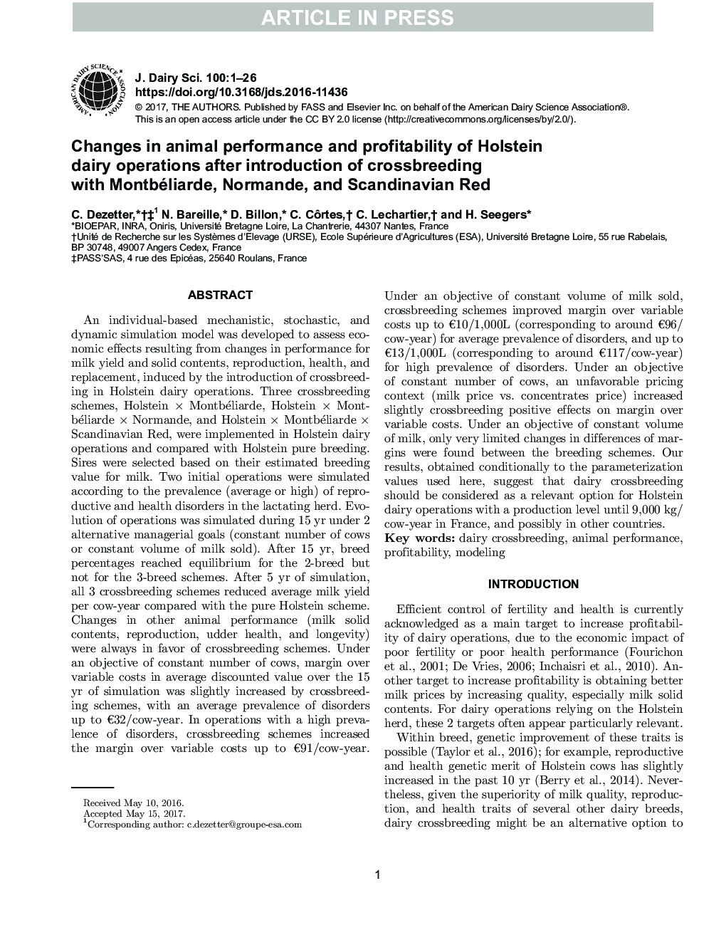 Changes in animal performance and profitability of Holstein dairy operations after introduction of crossbreeding with Montbéliarde, Normande, and Scandinavian Red