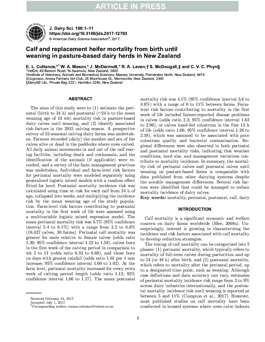 Calf and replacement heifer mortality from birth until weaning in pasture-based dairy herds in New Zealand