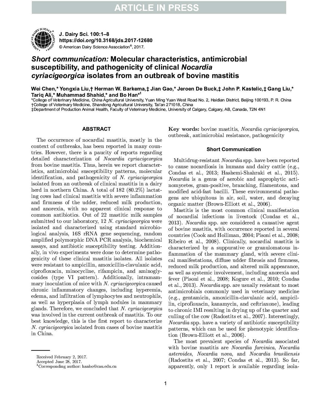 Short communication: Molecular characteristics, antimicrobial susceptibility, and pathogenicity of clinical Nocardia cyriacigeorgica isolates from an outbreak of bovine mastitis