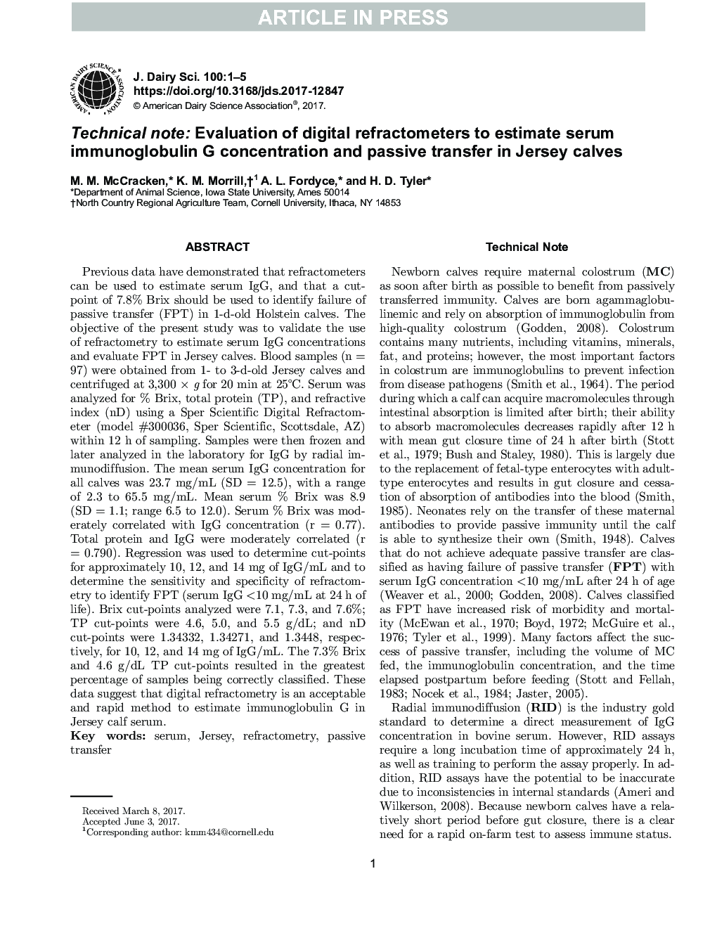 Technical note: Evaluation of digital refractometers to estimate serum immunoglobulin G concentration and passive transfer in Jersey calves