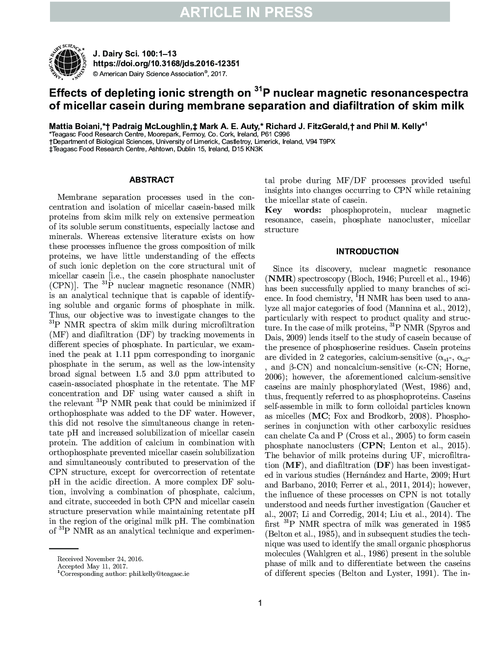 Effects of depleting ionic strength on 31P nuclear magnetic resonance spectra of micellar casein during membrane separation and diafiltration of skim milk