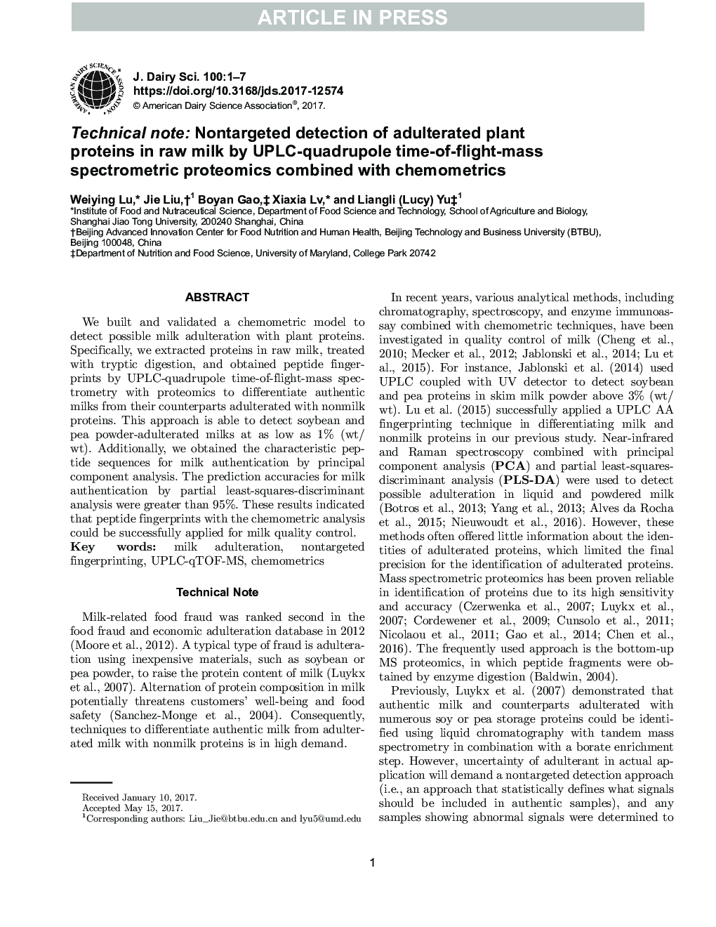 Technical note: Nontargeted detection of adulterated plant proteins in raw milk by UPLC-quadrupole time-of-flight mass spectrometric proteomics combined with chemometrics