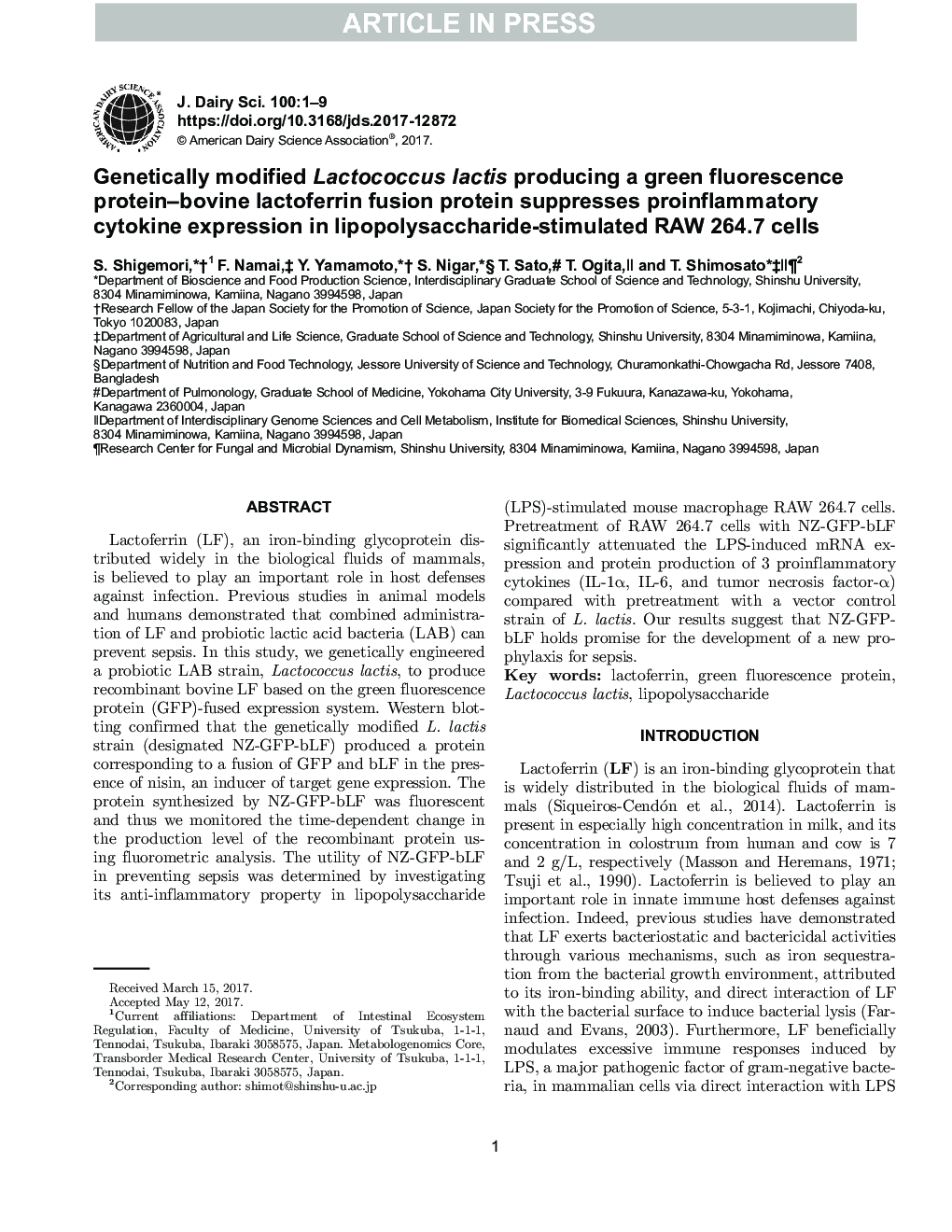 Genetically modified Lactococcus lactis producing a green fluorescent protein-bovine lactoferrin fusion protein suppresses proinflammatory cytokine expression in lipopolysaccharide-stimulated RAW 264.7 cells