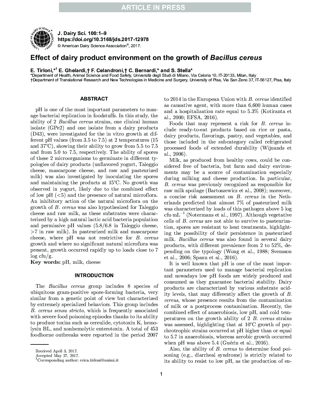 Effect of dairy product environment on the growth of Bacillus cereus