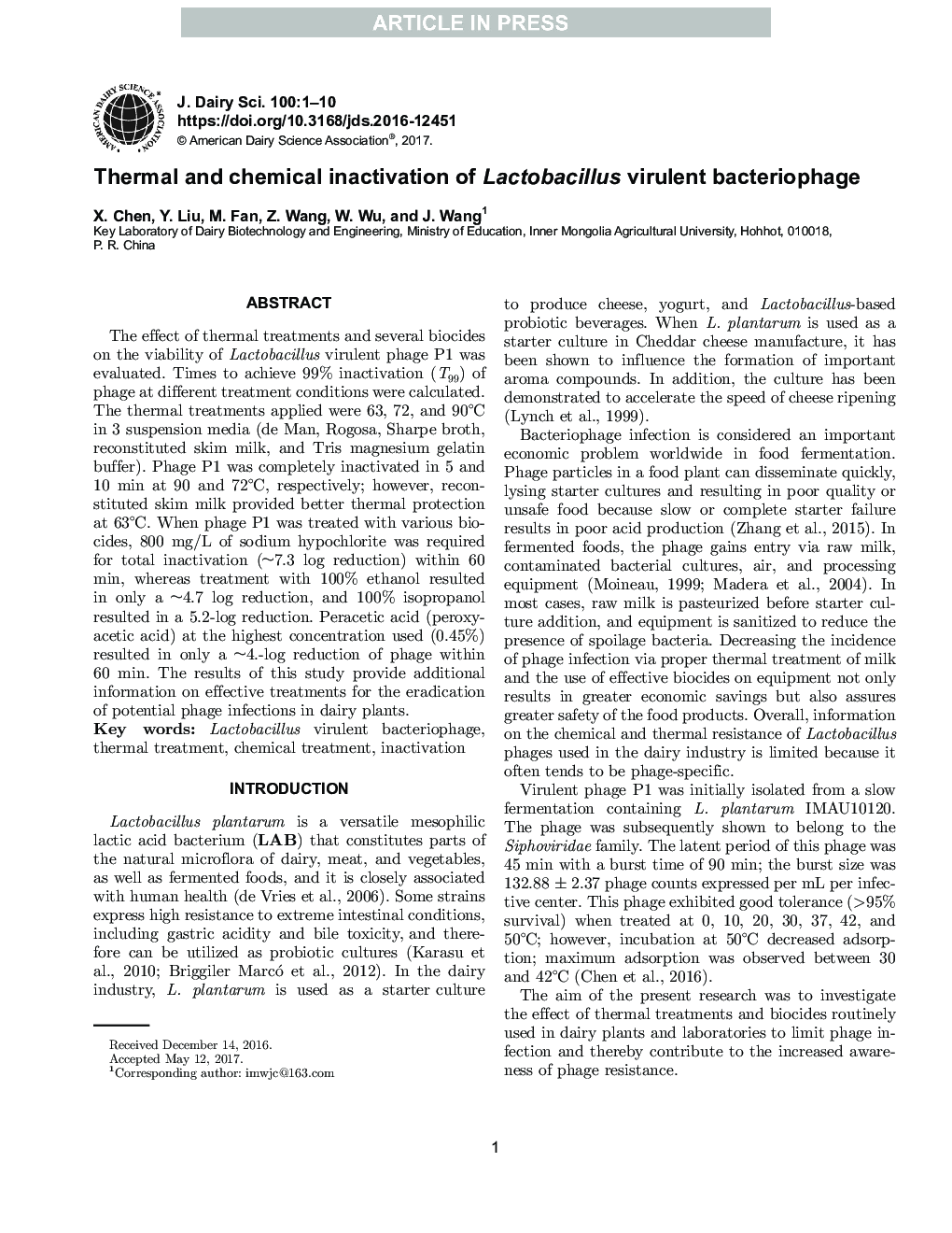 Thermal and chemical inactivation of Lactobacillus virulent bacteriophage