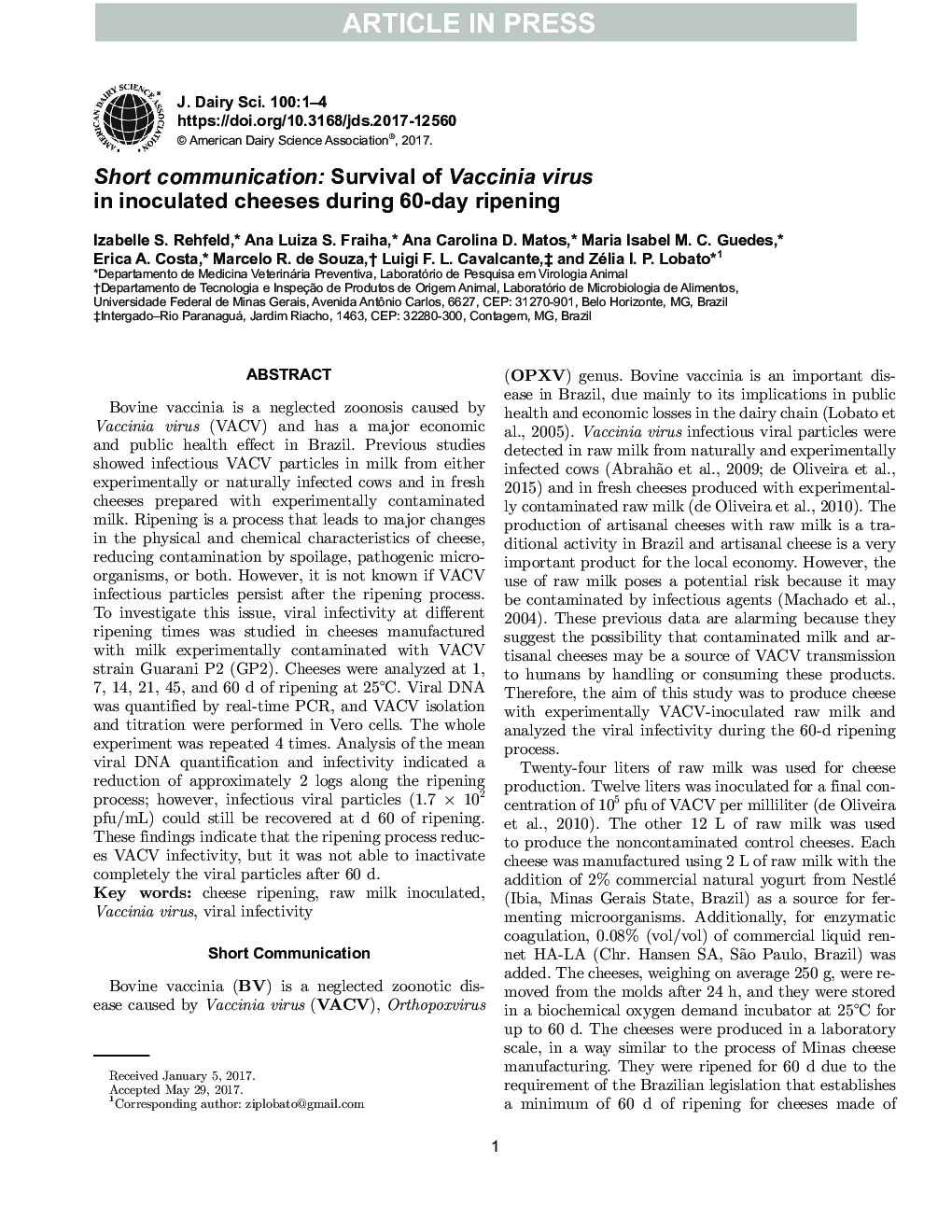 Short communication: Survival of Vaccinia virus in inoculated cheeses during 60-day ripening