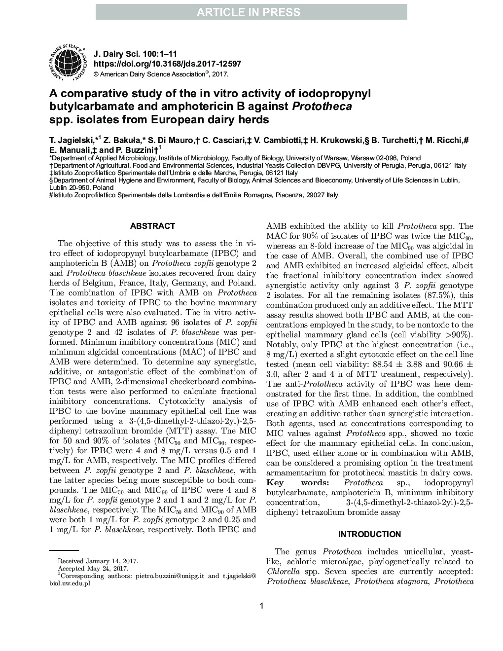 A comparative study of the in vitro activity of iodopropynyl butylcarbamate and amphotericin B against Prototheca spp. isolates from European dairy herds