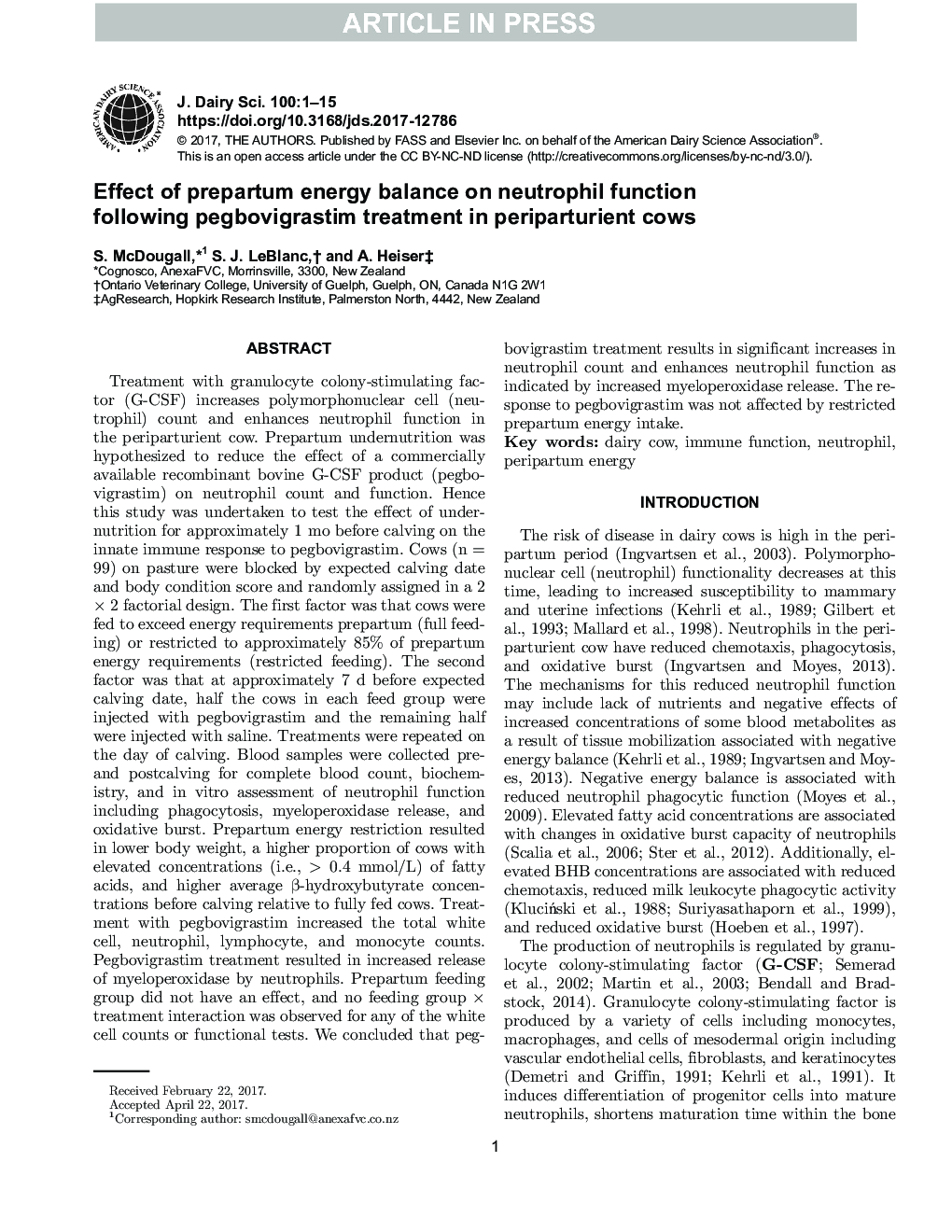 Effect of prepartum energy balance on neutrophil function following pegbovigrastim treatment in periparturient cows