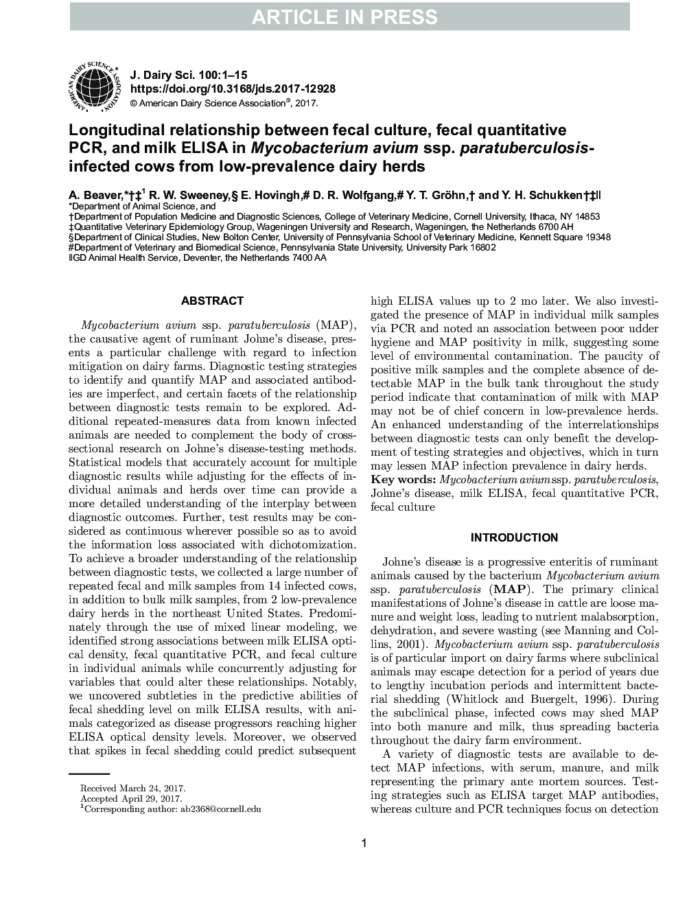 Longitudinal relationship between fecal culture, fecal quantitative PCR, and milk ELISA in Mycobacterium avium ssp. paratuberculosis-infected cows from low-prevalence dairy herds