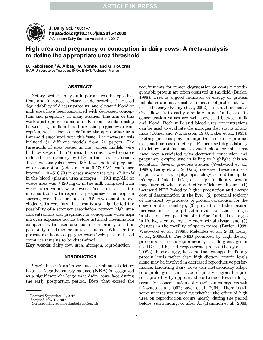 High urea and pregnancy or conception in dairy cows: A meta-analysis to define the appropriate urea threshold