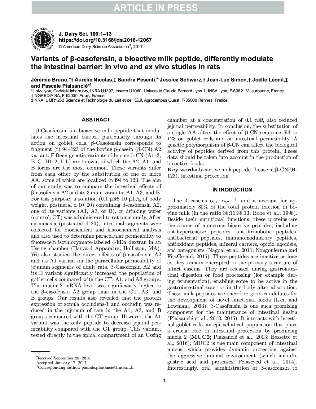 Variants of Î²-casofensin, a bioactive milk peptide, differently modulate the intestinal barrier: In vivo and ex vivo studies in rats