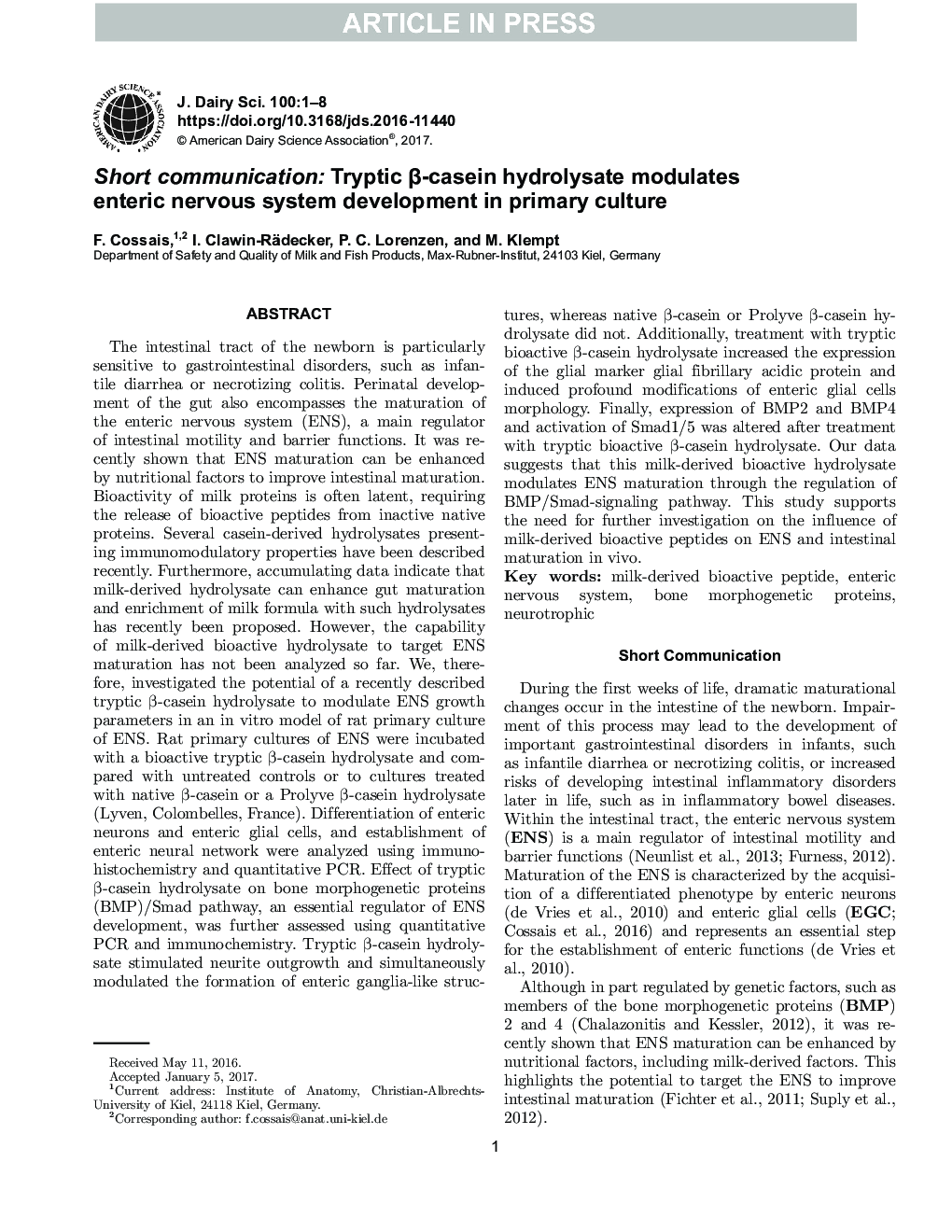 Short communication: Tryptic Î²-casein hydrolysate modulates enteric nervous system development in primary culture