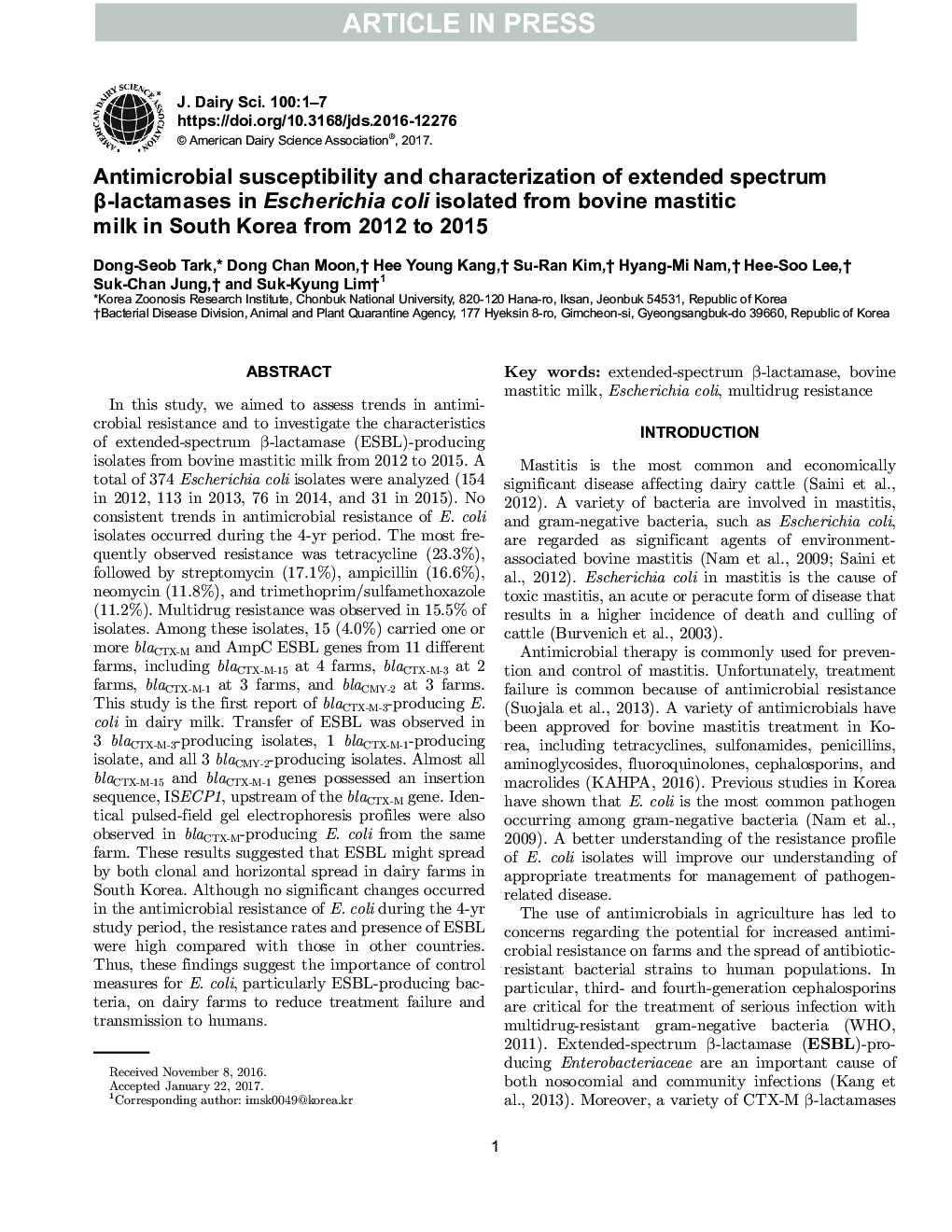 Antimicrobial susceptibility and characterization of extended-spectrum Î²-lactamases in Escherichia coli isolated from bovine mastitic milk in South Korea from 2012 to 2015