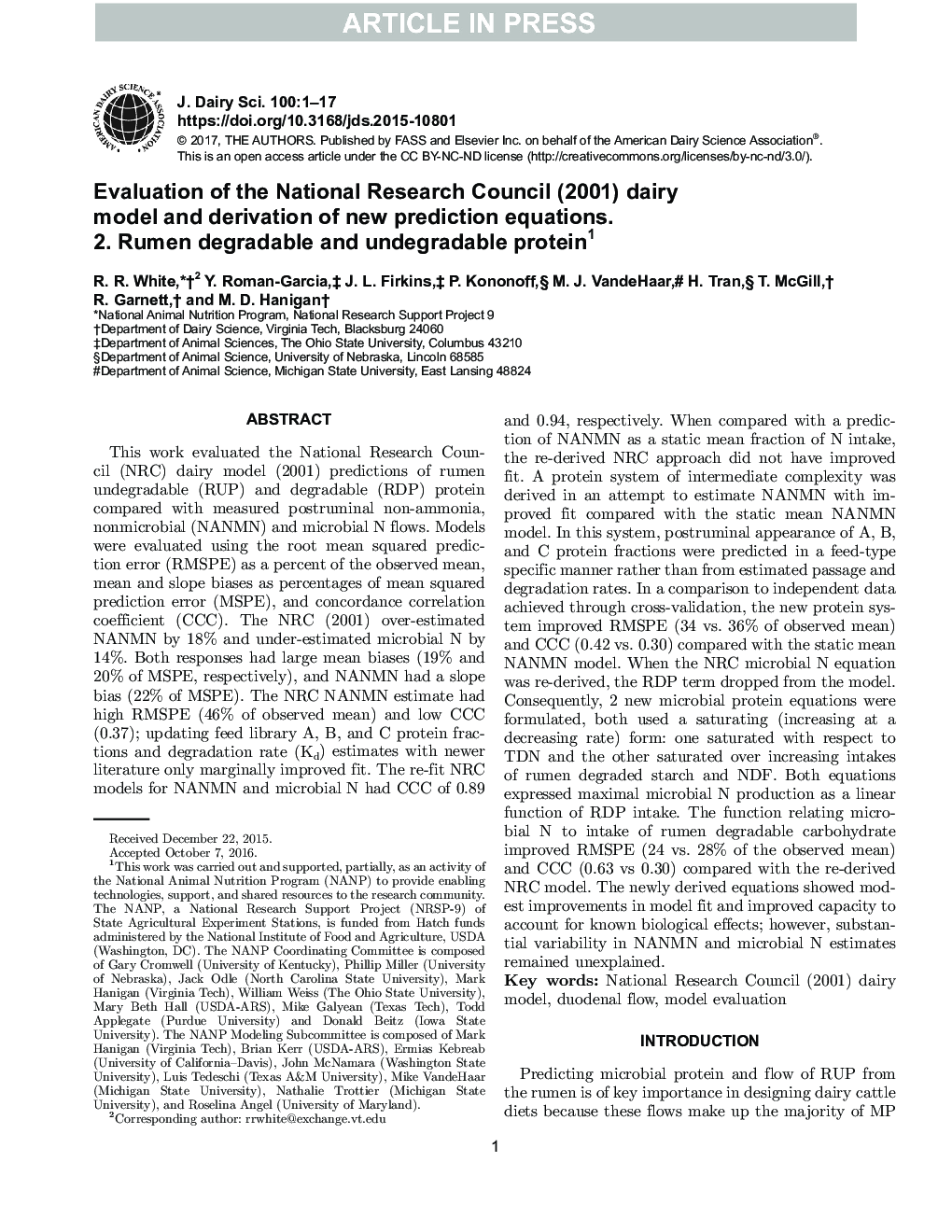 ارزیابی شورای پژوهشی ملی (2001) مدل لبنیات و مشتق معادلات پیش بینی جدید. 2. پروتئین قابل تجزیه و غیر قابل تجزیه 