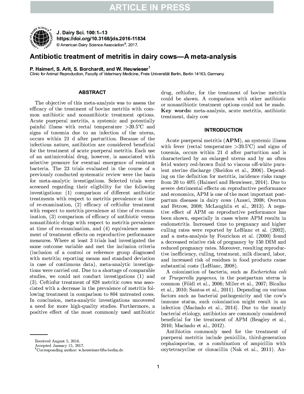 درمان آنتی بیوتیک متتریت در گاوهای شیری - یک متاآنالیز 