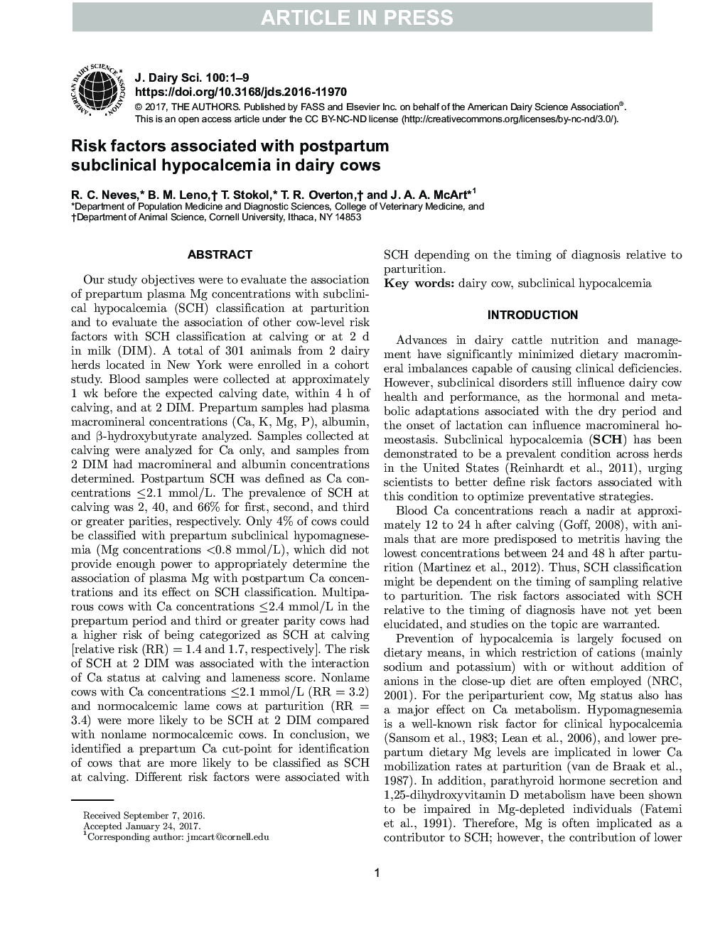 Risk factors associated with postpartum subclinical hypocalcemia in dairy cows