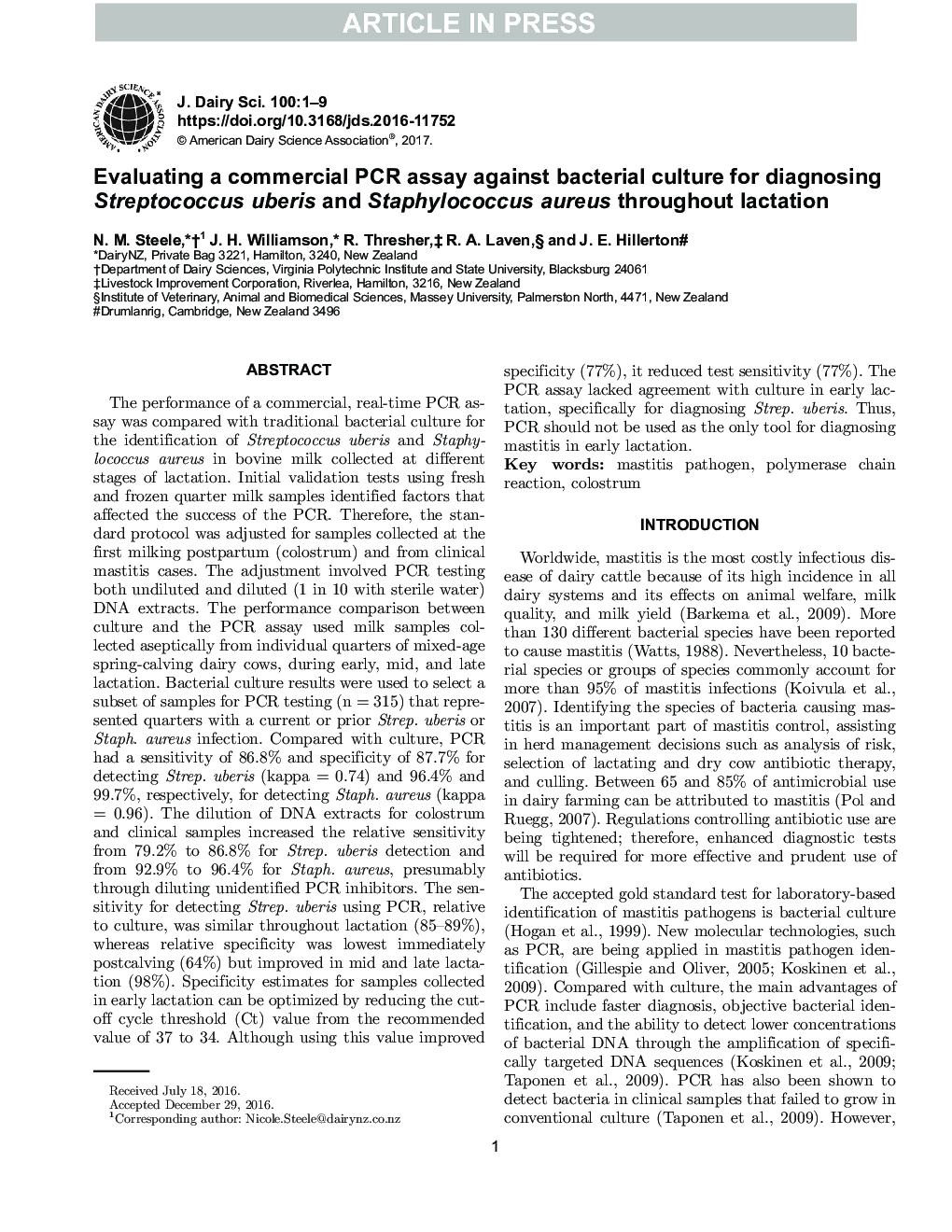 Evaluating a commercial PCR assay against bacterial culture for diagnosing Streptococcus uberis and Staphylococcus aureus throughout lactation