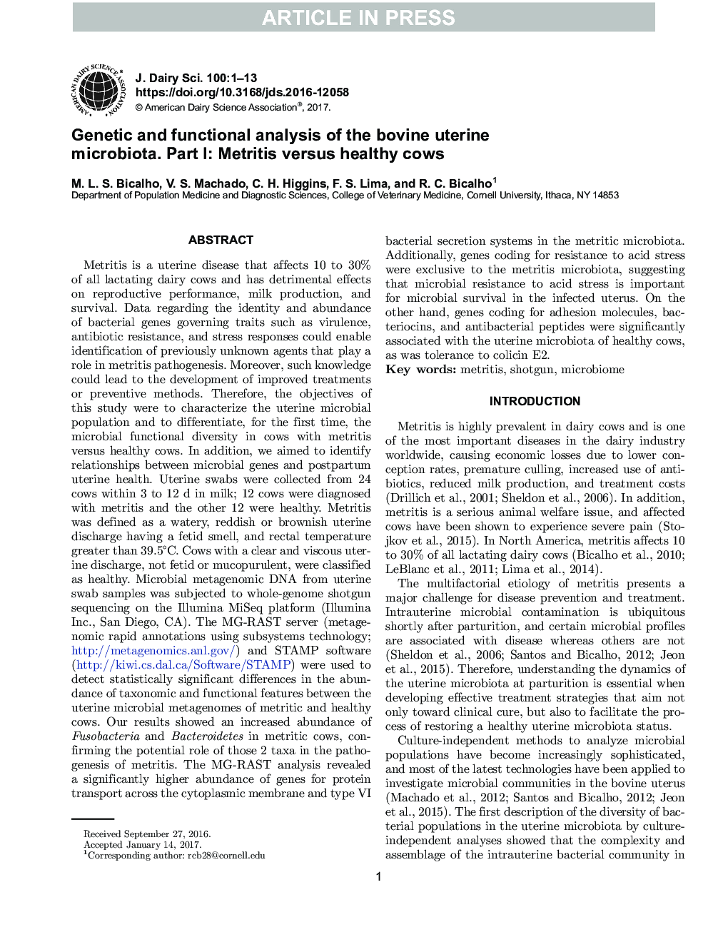 Genetic and functional analysis of the bovine uterine microbiota. Part I: Metritis versus healthy cows