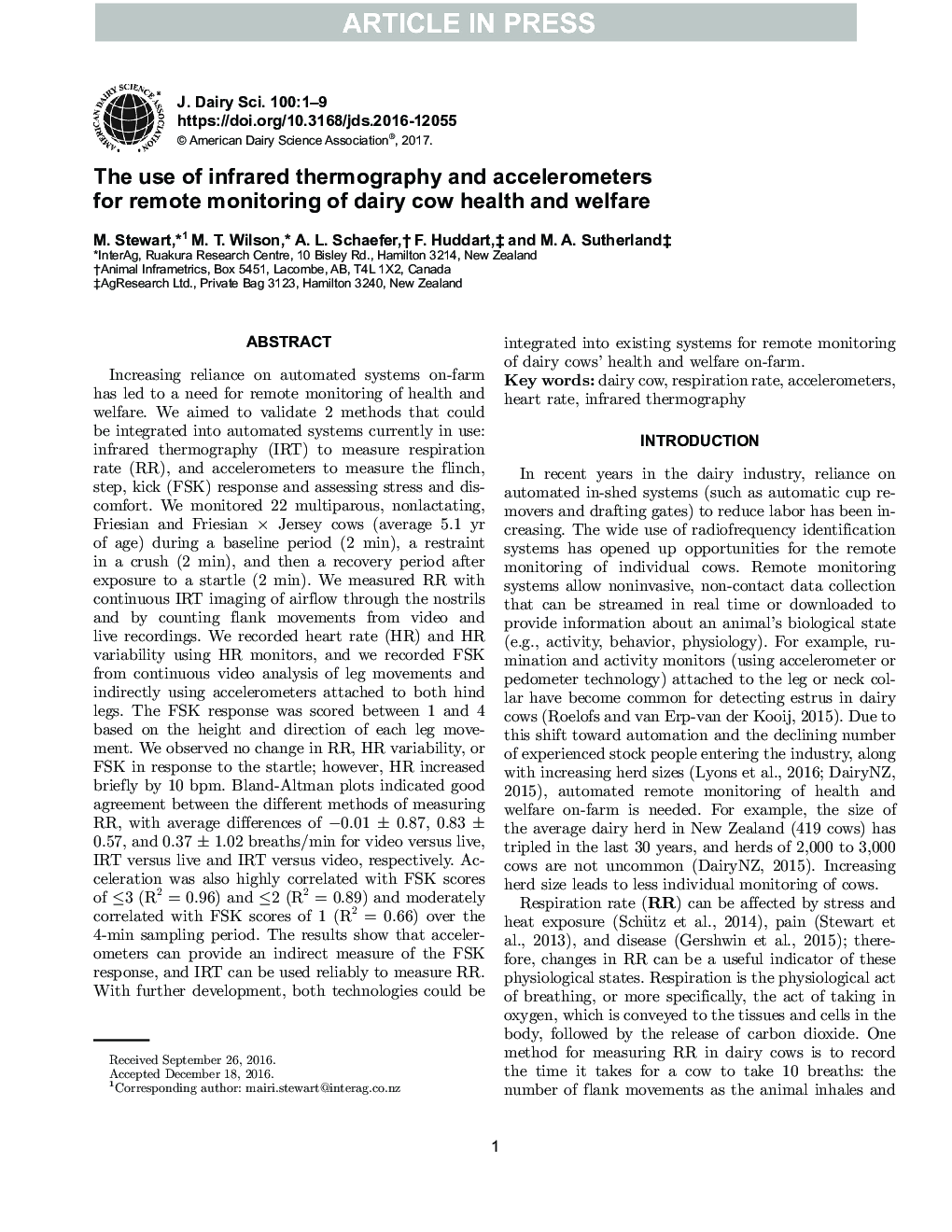 The use of infrared thermography and accelerometers for remote monitoring of dairy cow health and welfare