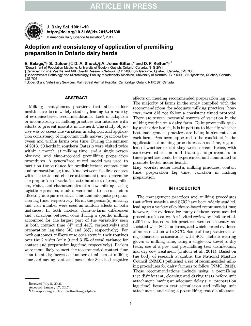 عکس صفحه اول مقاله: Adoption and consistency of application of premilking preparation in Ontario dairy herds Adoption and consistency of application of premilking preparation in Ontario dairy herds