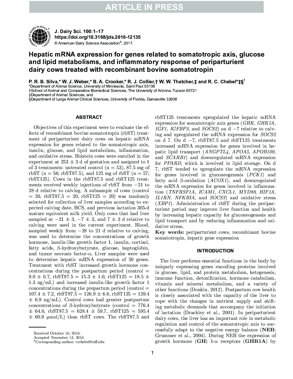 Hepatic mRNA expression for genes related to somatotropic axis, glucose and lipid metabolisms, and inflammatory response of periparturient dairy cows treated with recombinant bovine somatotropin