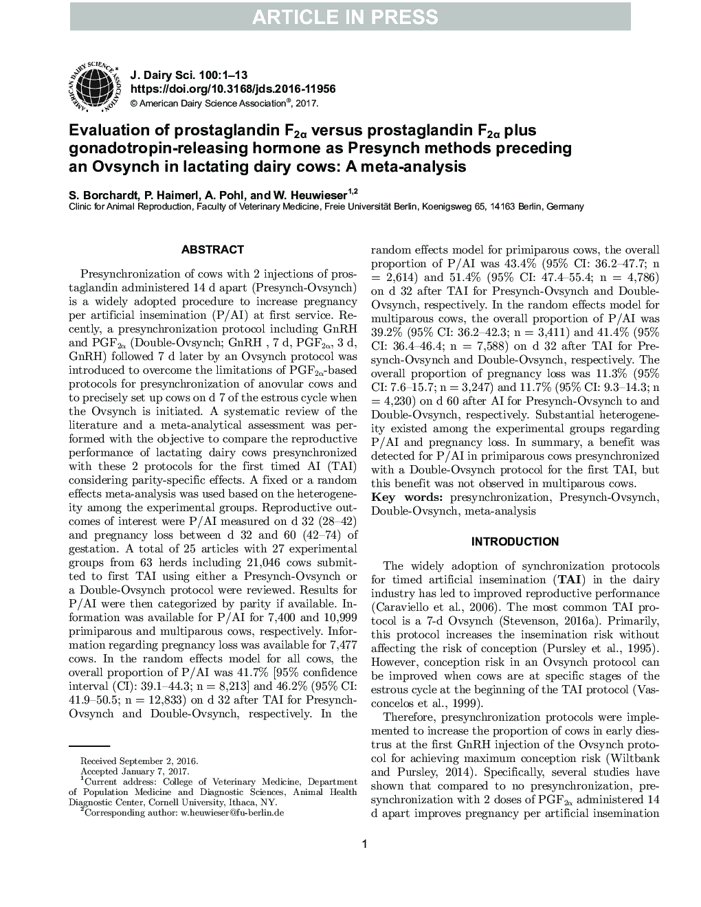 Evaluation of prostaglandin F2Î± versus prostaglandin F2Î± plus gonadotropin-releasing hormone as Presynch methods preceding an Ovsynch in lactating dairy cows: A meta-analysis