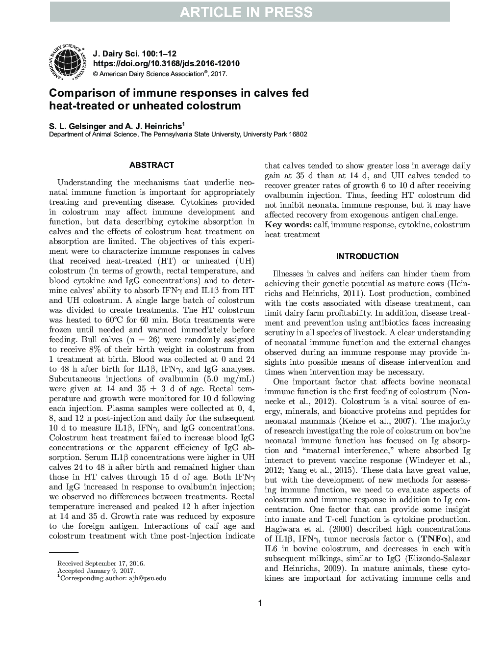 Comparison of immune responses in calves fed heat-treated or unheated colostrum