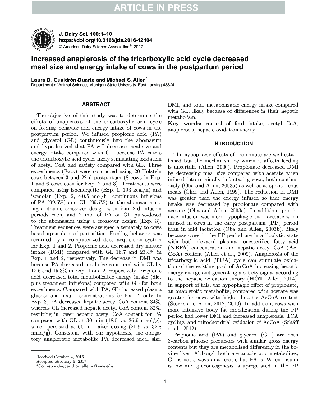 Increased anaplerosis of the tricarboxylic acid cycle decreased meal size and energy intake of cows in the postpartum period