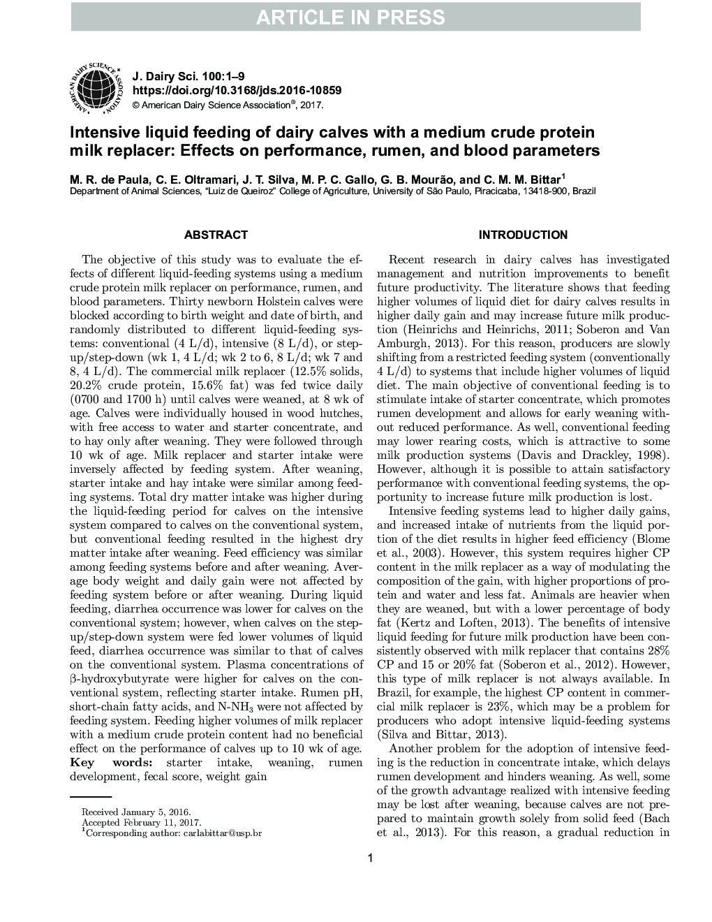 Intensive liquid feeding of dairy calves with a medium crude protein milk replacer: Effects on performance, rumen, and blood parameters