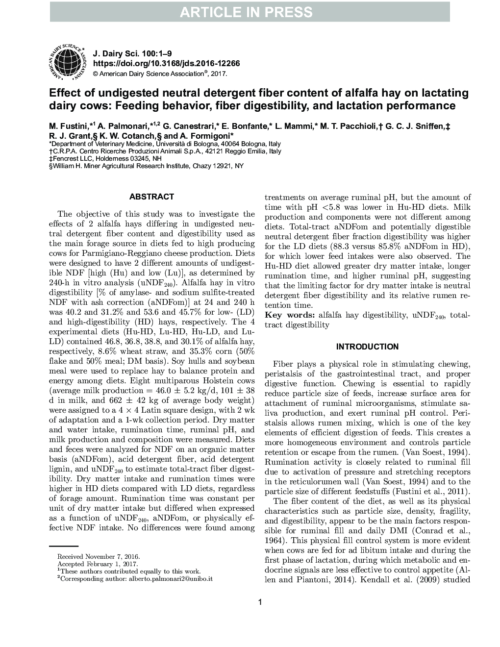 Effect of undigested neutral detergent fiber content of alfalfa hay on lactating dairy cows: Feeding behavior, fiber digestibility, and lactation performance