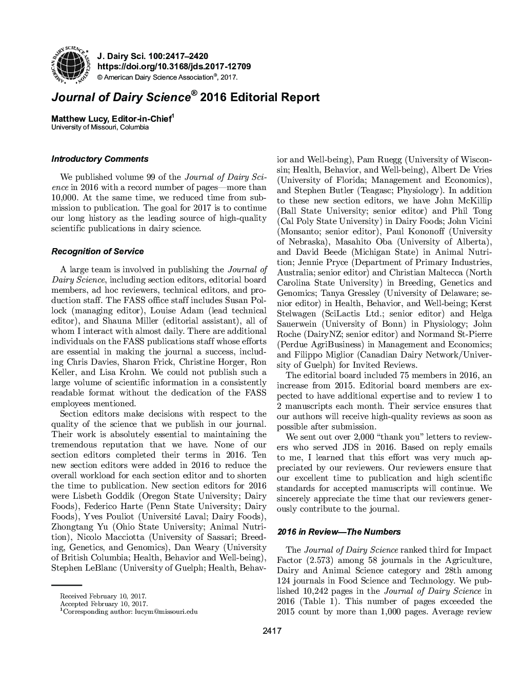 Journal of Dairy Science® 2016 Editorial Report