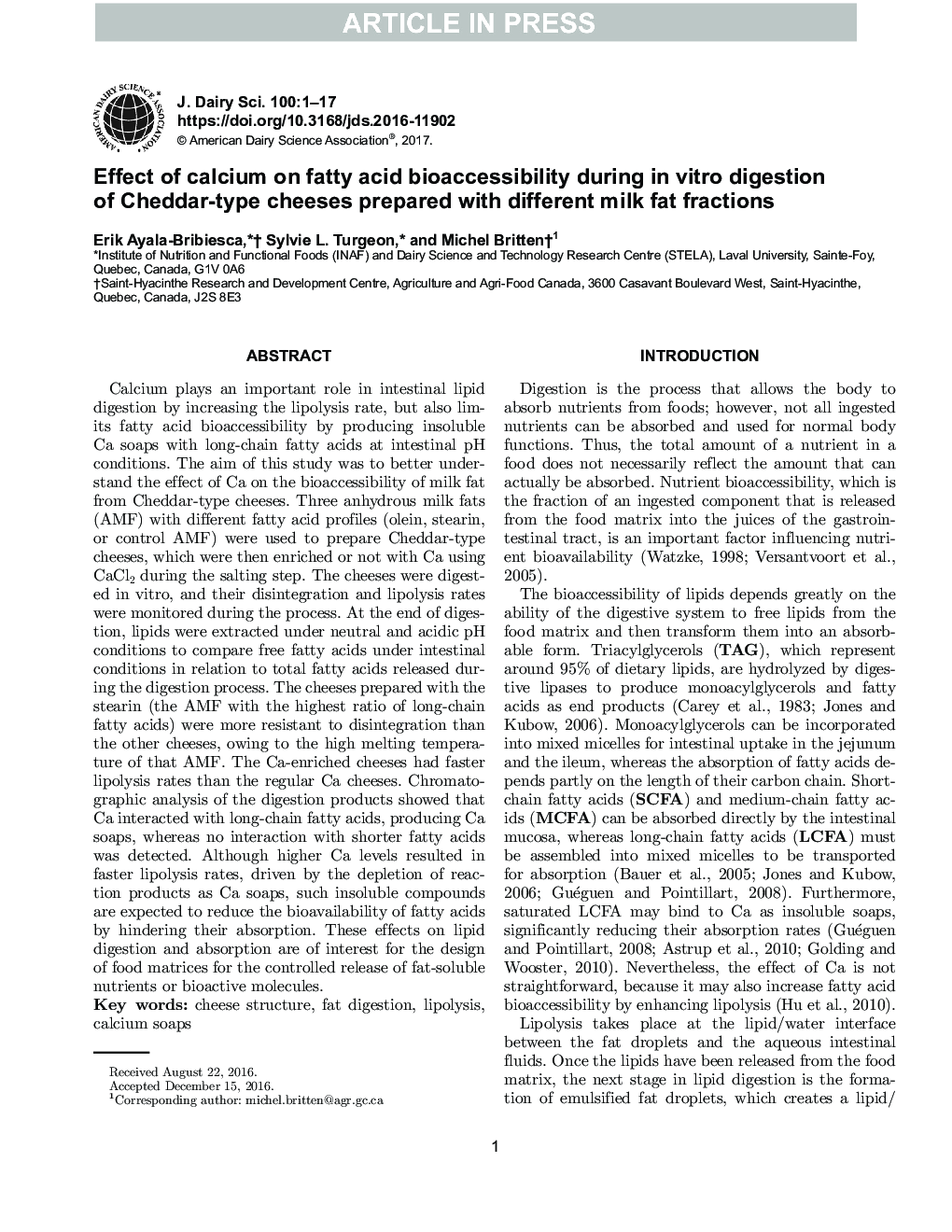 Effect of calcium on fatty acid bioaccessibility during in vitro digestion of Cheddar-type cheeses prepared with different milk fat fractions