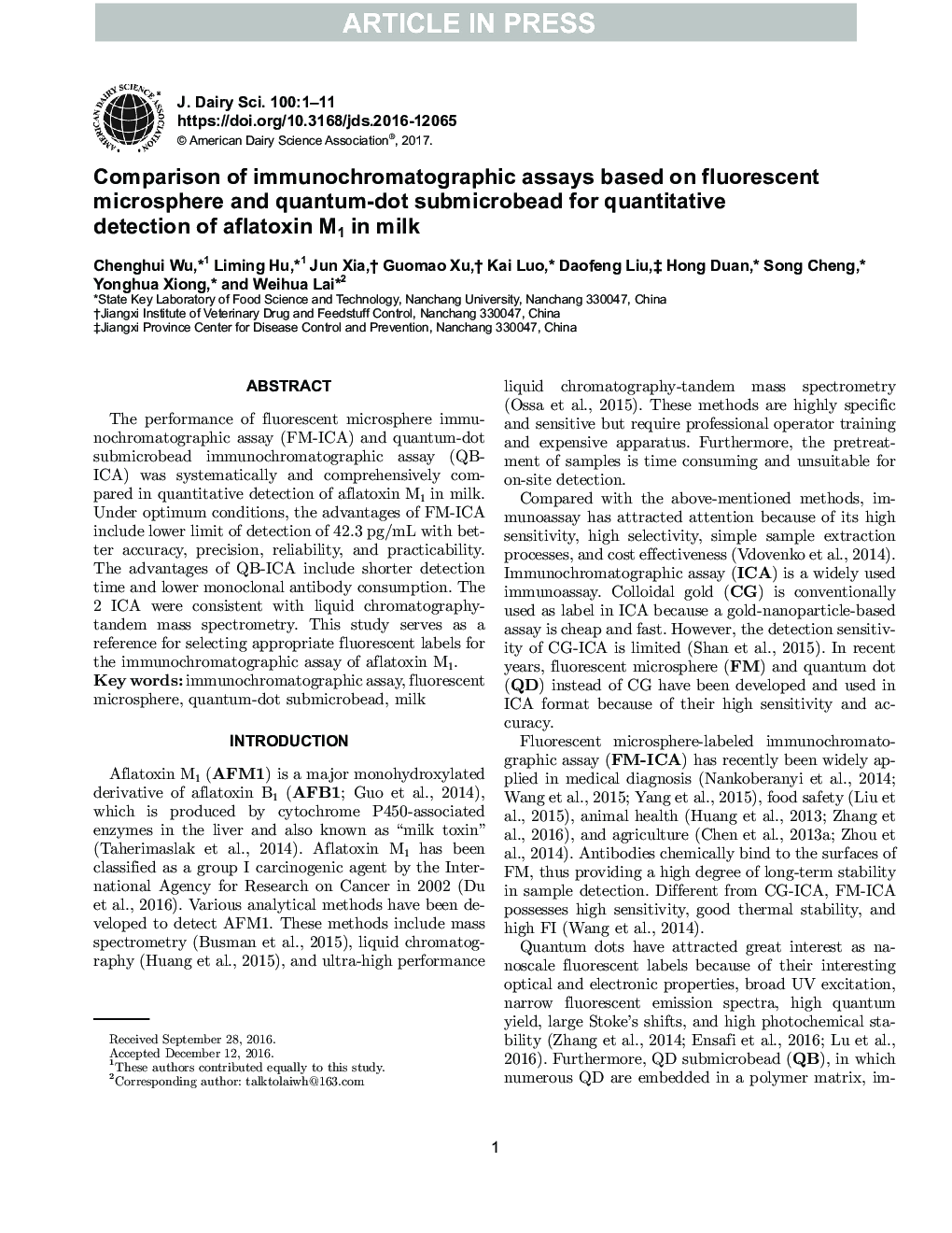 Comparison of immunochromatographic assays based on fluorescent microsphere and quantum-dot submicrobead for quantitative detection of aflatoxin M1 in milk