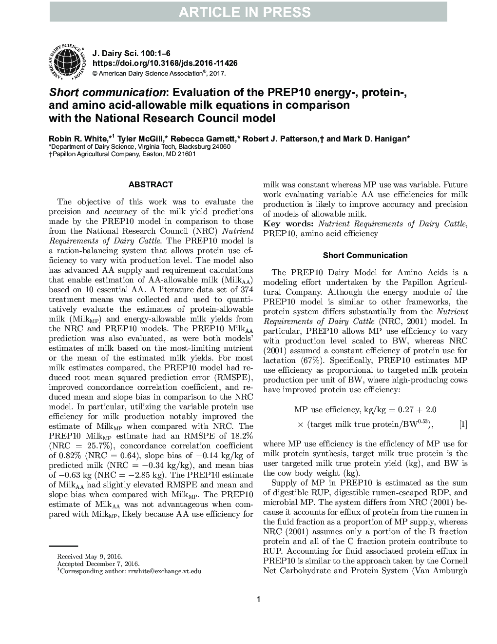 Short communication: Evaluation of the PREP10 energy-, protein-, and amino acid-allowable milk equations in comparison with the National Research Council model