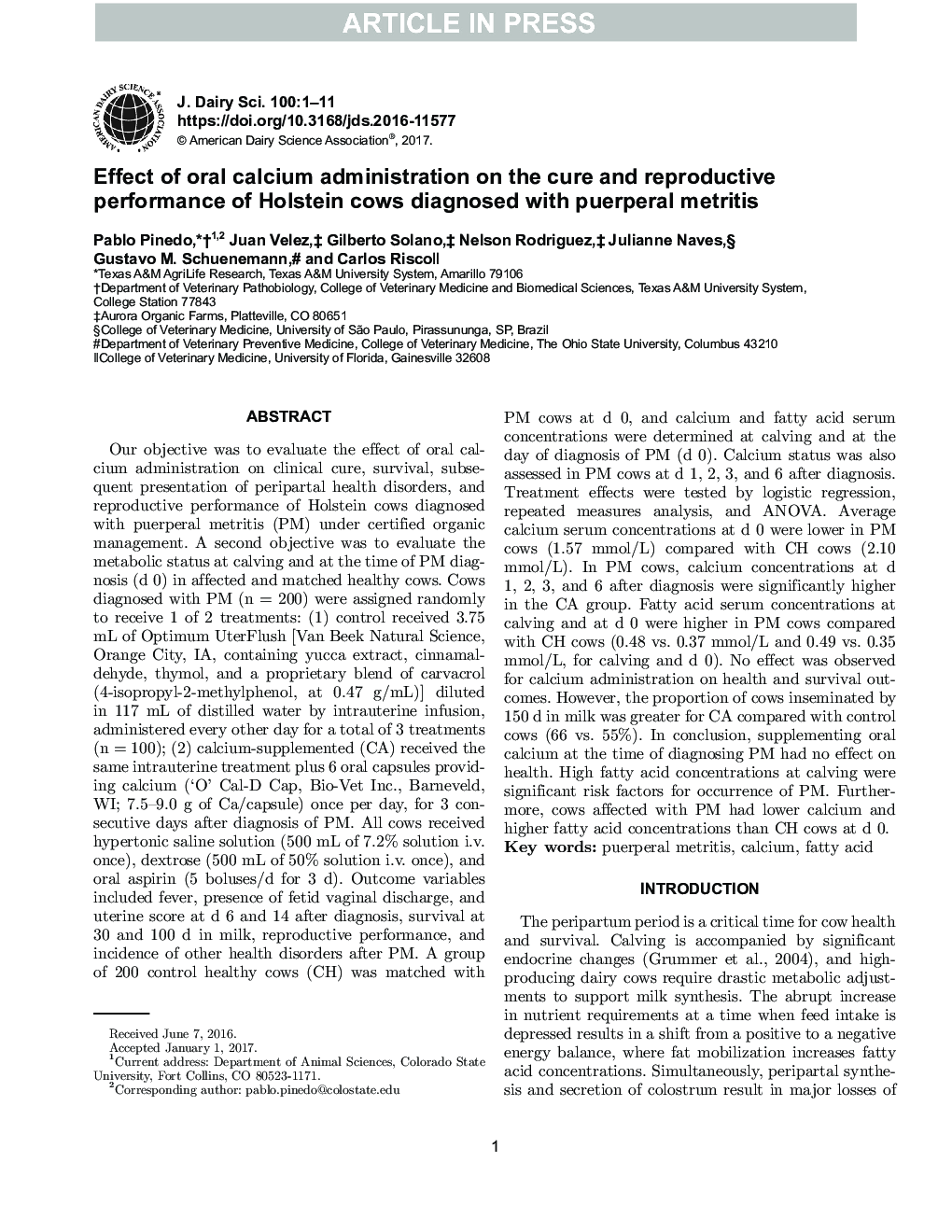 Effect of oral calcium administration on the cure and reproductive performance of Holstein cows diagnosed with puerperal metritis