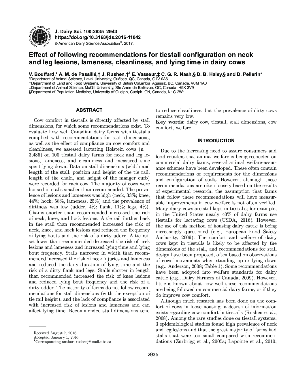 Effect of following recommendations for tiestall configuration on neck and leg lesions, lameness, cleanliness, and lying time in dairy cows